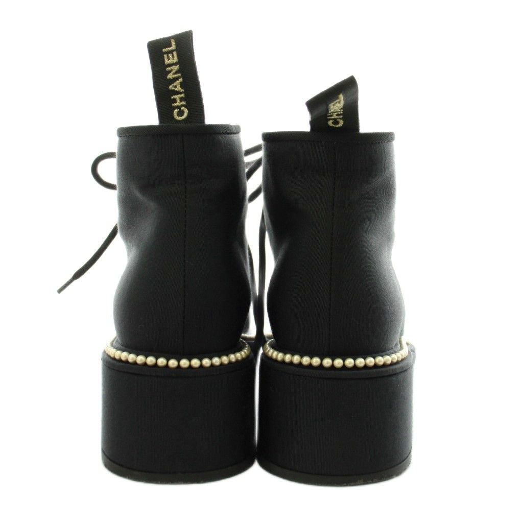 Chanel CC Logo Short Boots Lace Up Pearl 37 Black — view 3