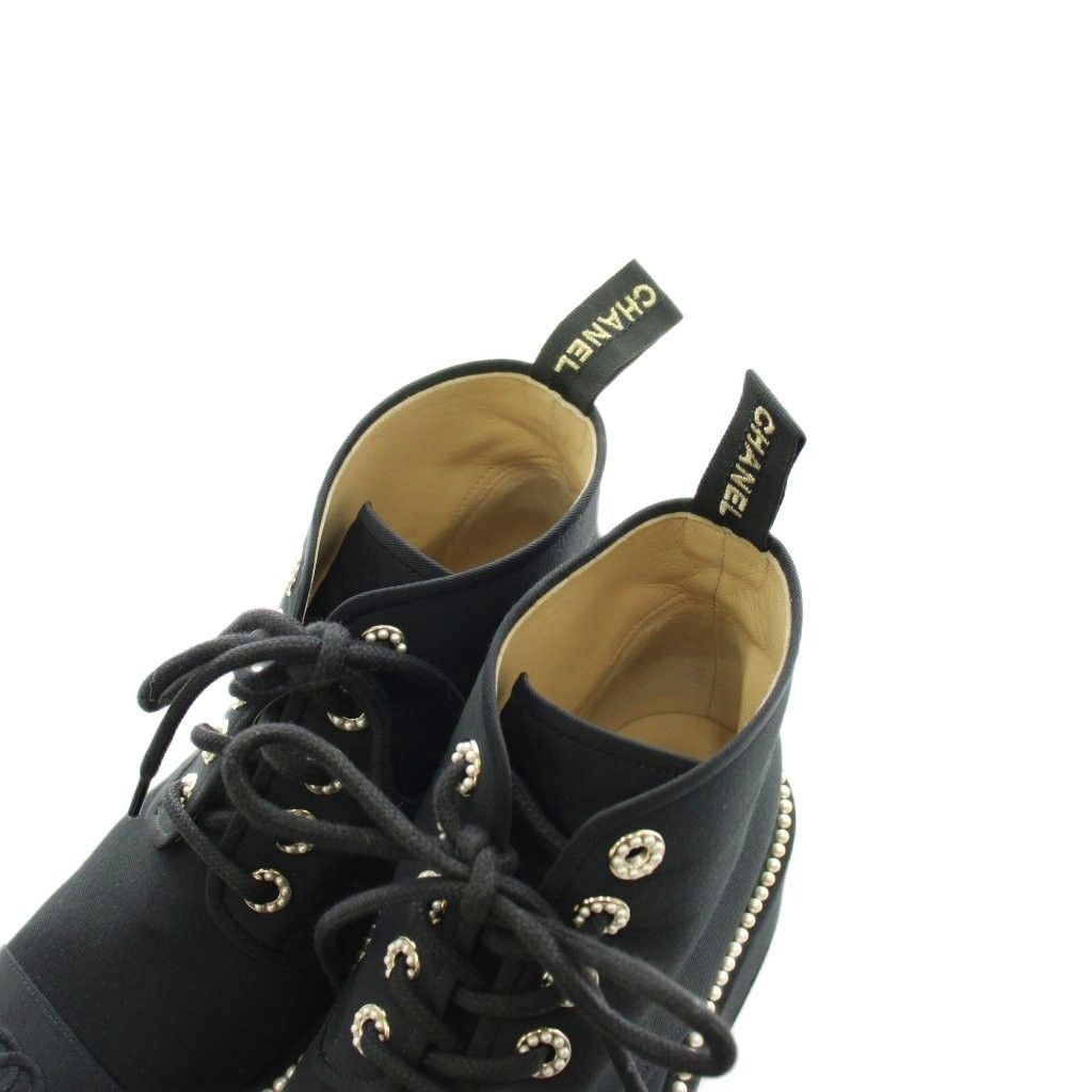 Chanel CC Logo Short Boots Lace Up Pearl 37 Black — view 7