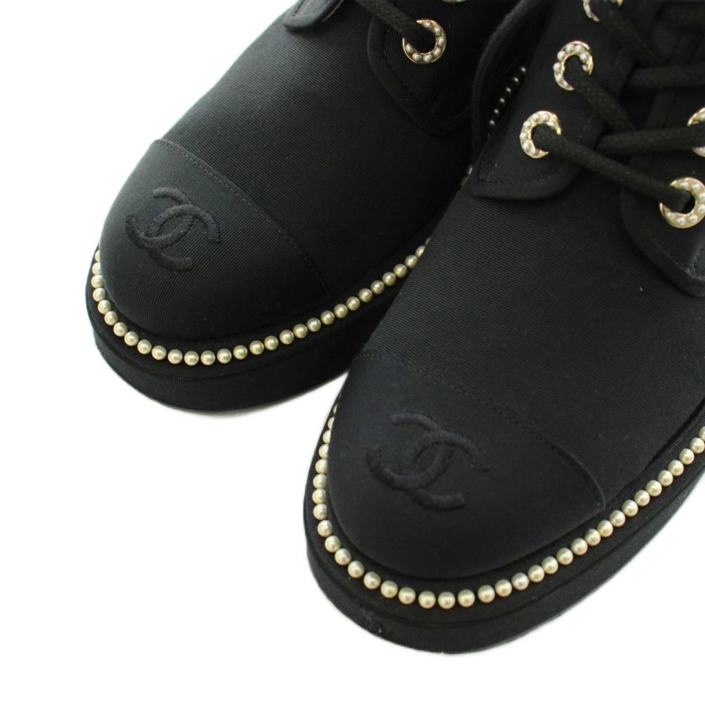 Chanel CC Logo Short Boots Lace Up Pearl 37 Black — view 6