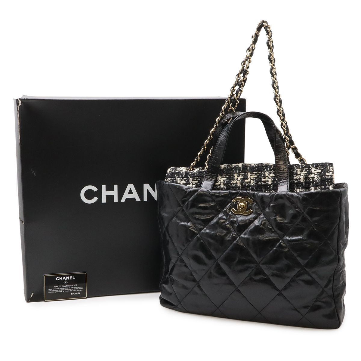 Chanel CC Logo Portobello Quilted Tote 2-Way Shoulder Bag Chain Leather Tweed — view 9