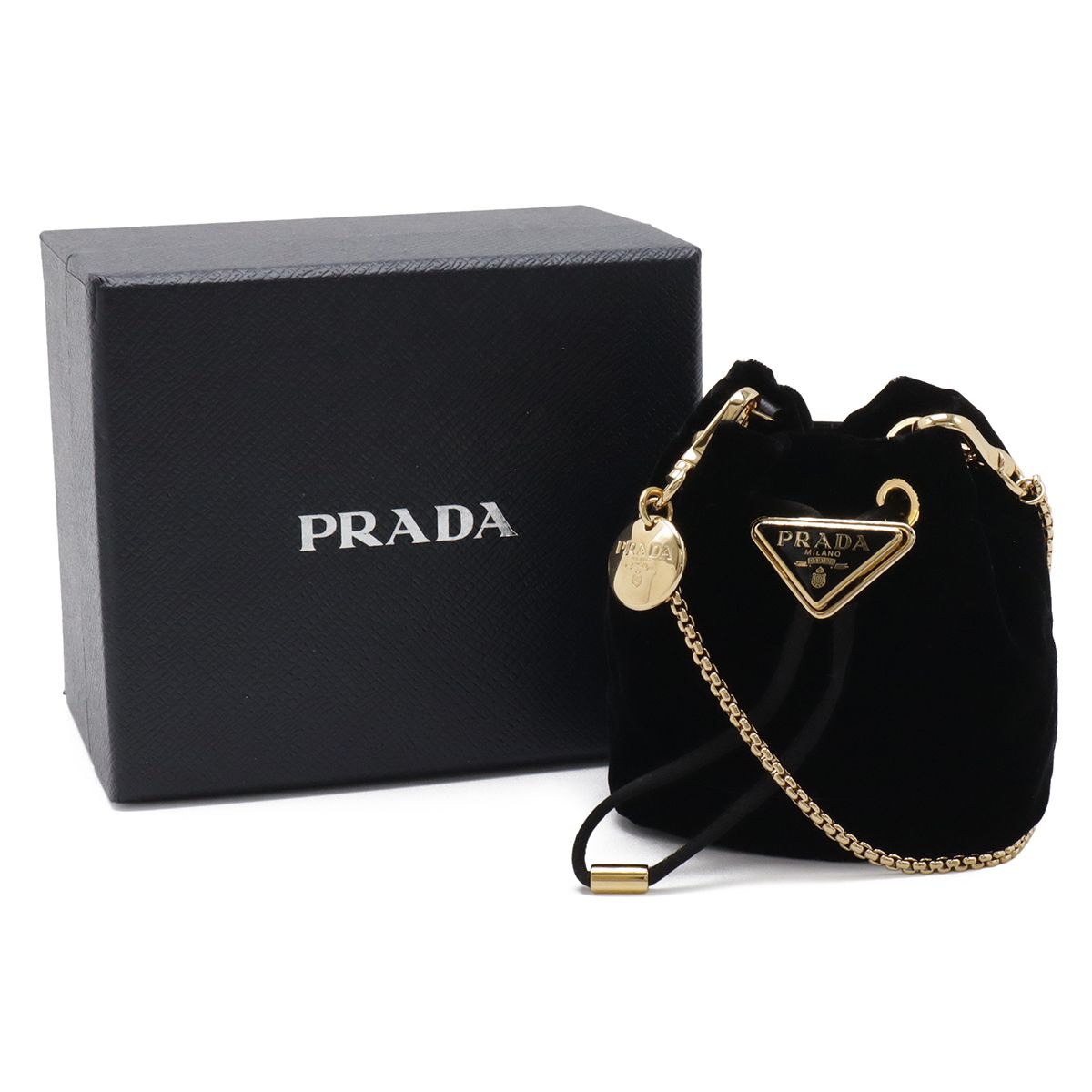 Prada Triangle Logo Velvet Mini Pouch Multi Drawstring Chain Shoulder Nero Black — view 9