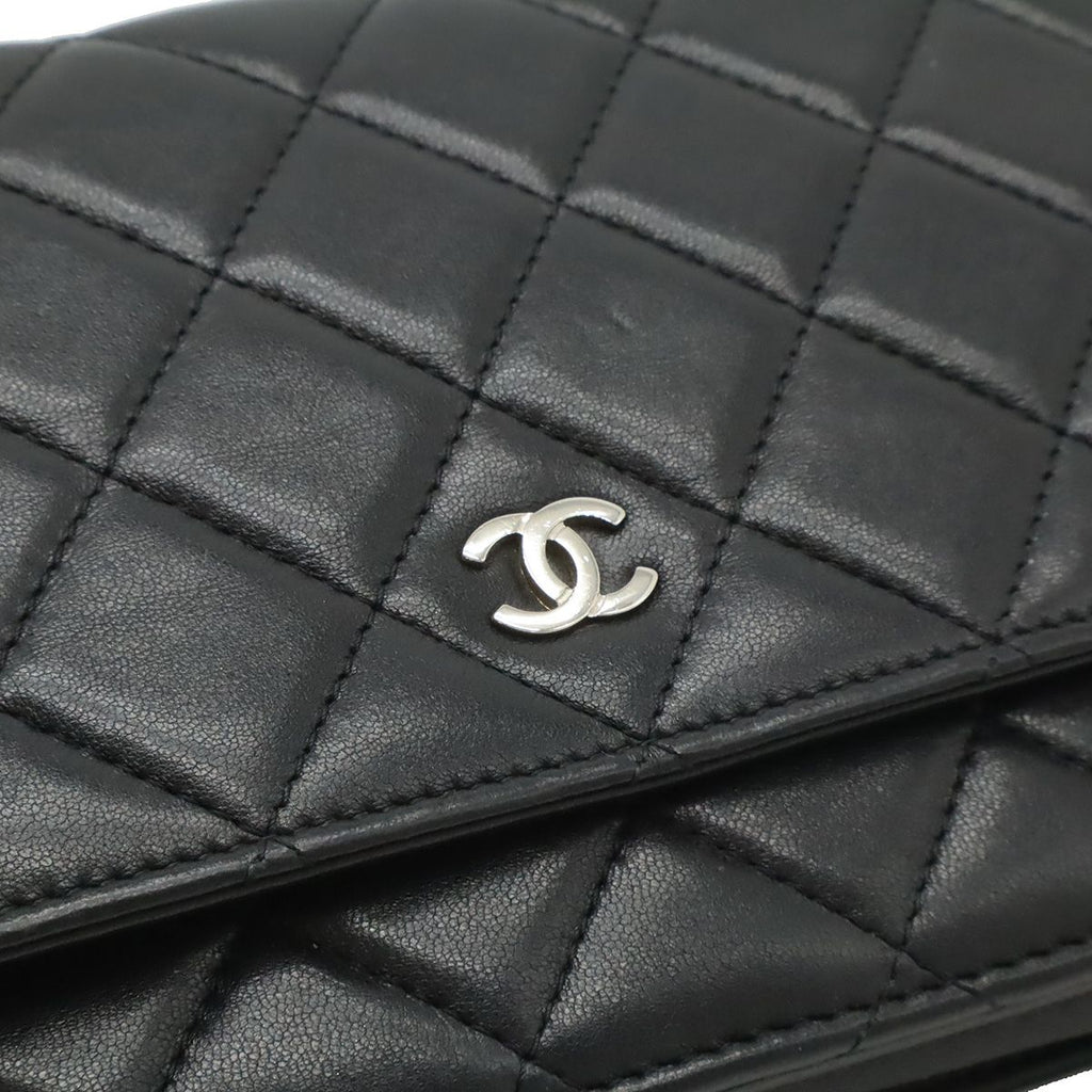 Chanel Quilted Chain Wallet Shoulder Bag Pochette Lambskin Leather Black Silver — view 6