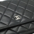 Chanel Quilted Chain Wallet Shoulder Bag Pochette Lambskin Leather Black Silver — view 6