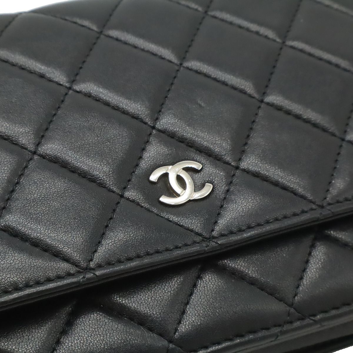 Chanel Quilted Chain Wallet Shoulder Bag Pochette Lambskin Leather Black Silver — view 6