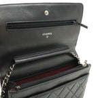 Chanel Quilted Chain Wallet Shoulder Bag Pochette Lambskin Leather Black Silver — view 7