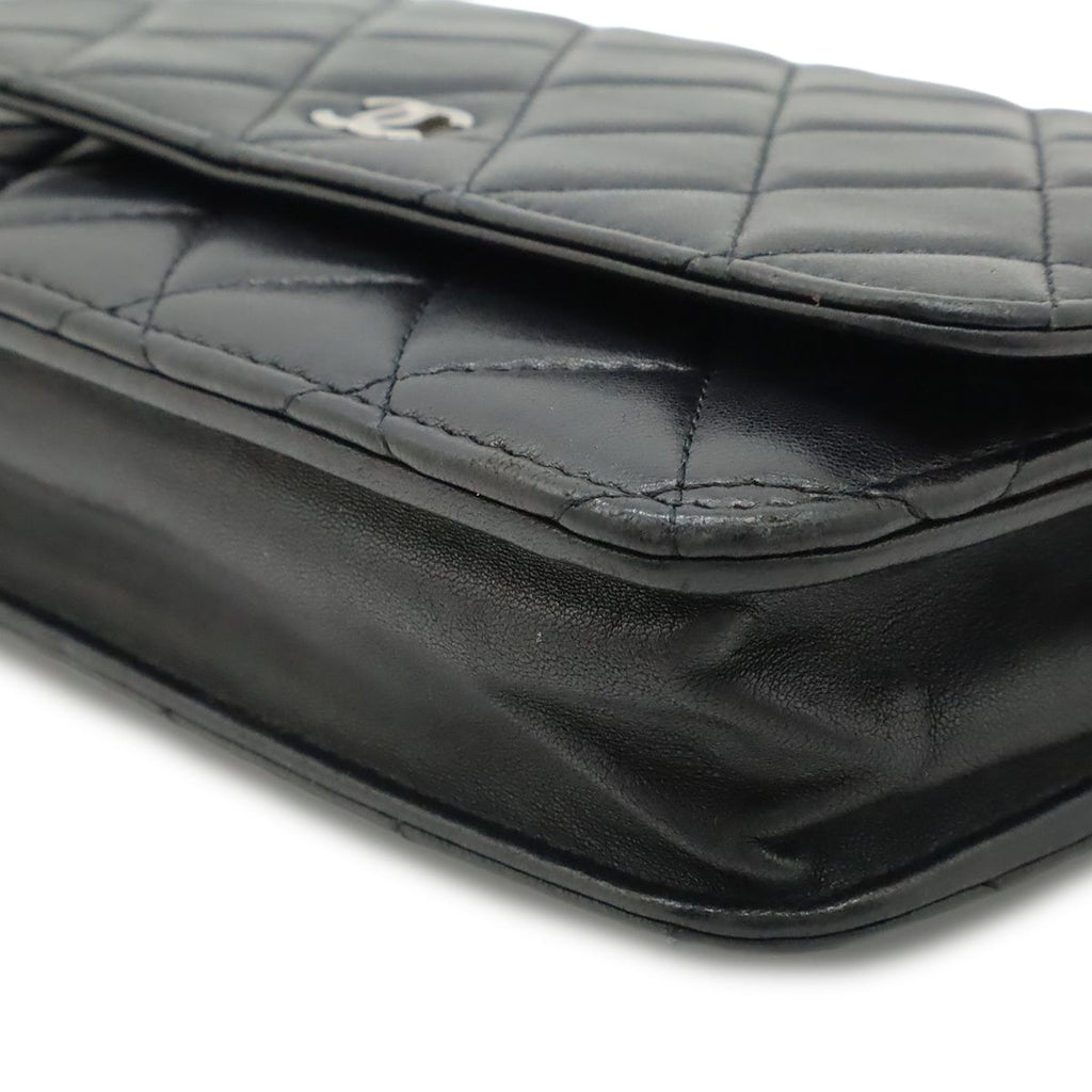 Chanel Quilted Chain Wallet Shoulder Bag Pochette Lambskin Leather Black Silver — view 3