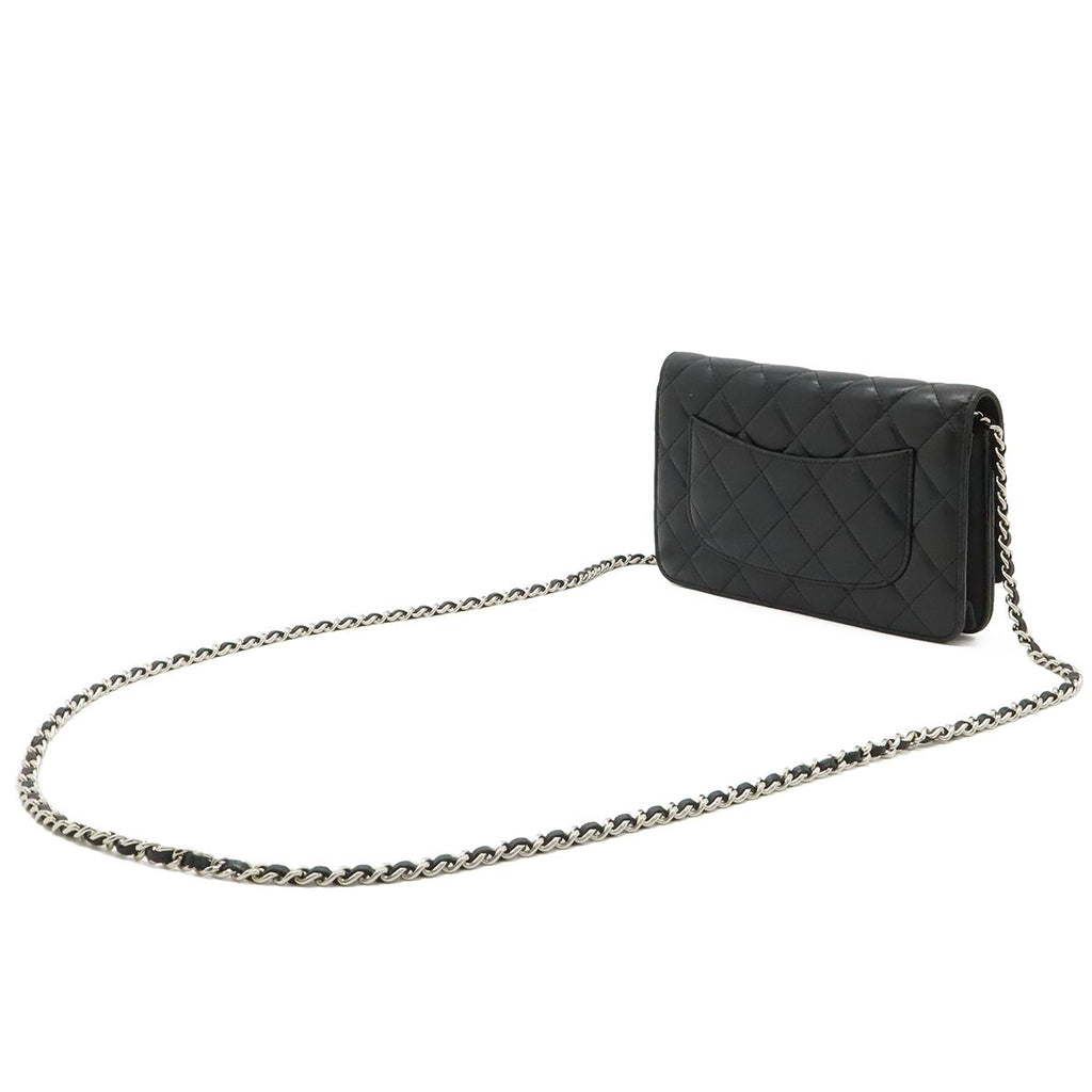 Chanel Quilted Chain Wallet Shoulder Bag Pochette Lambskin Leather Black Silver — view 2