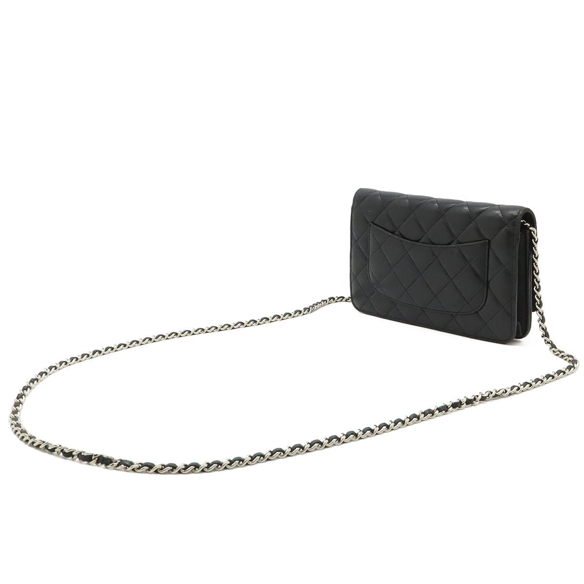 Chanel Quilted Chain Wallet Shoulder Bag Pochette Lambskin Leather Black Silver — view 2