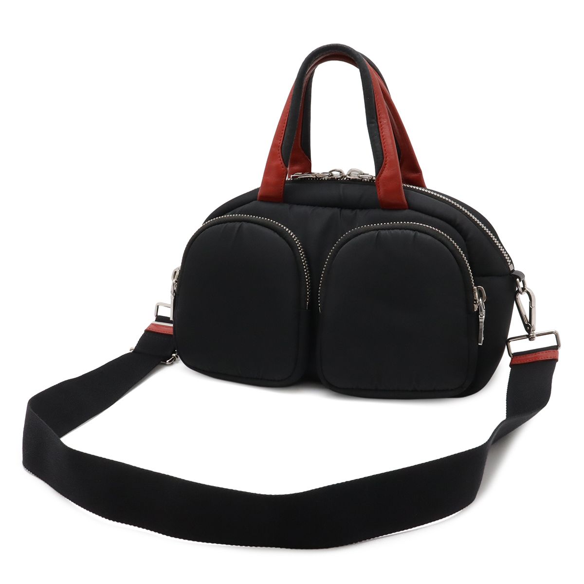 Prada Triangle Logo Mini Boston 2-Way Shoulder Bag Nylon Nero Black Red — view 2