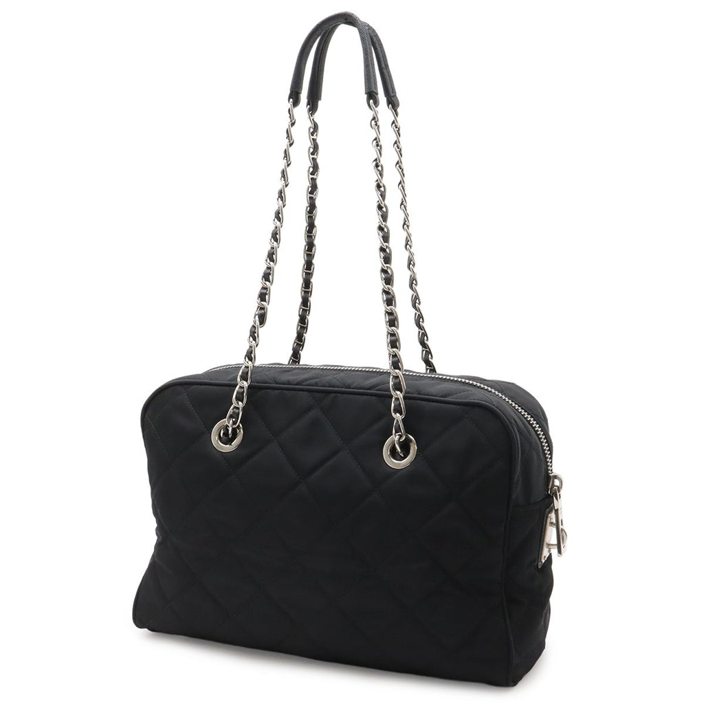 Prada Triangle Logo Chain Shoulder Bag Quilted Nylon Nero Black Silver — view 2