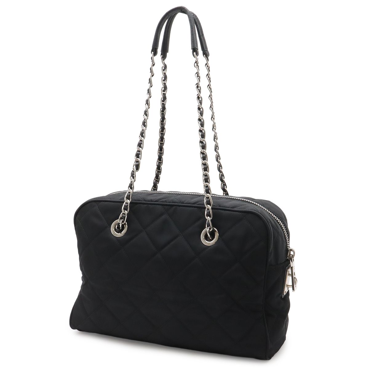 Prada Triangle Logo Chain Shoulder Bag Quilted Nylon Nero Black Silver — view 2