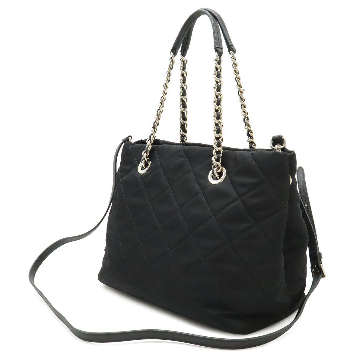 Prada Tessuto Triangle Logo Chain Shoulder Bag 2-Way Quilted Nylon Nero Black — view 2