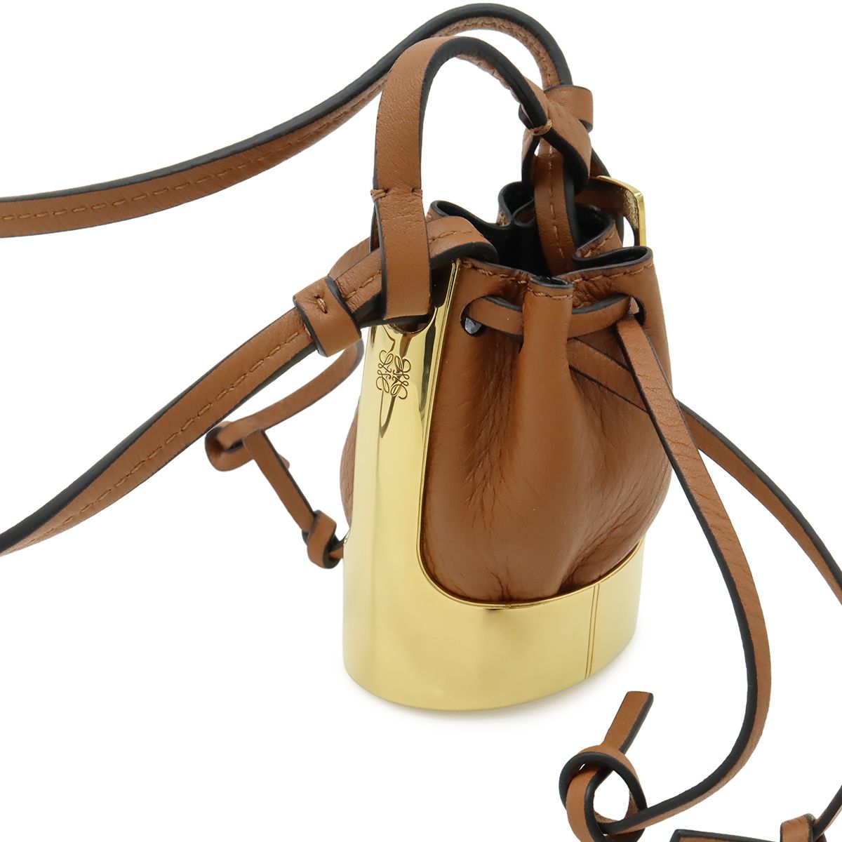 Loewe Balloon Necklace Pendant Motif Mini Bag Drawstring Leather Brown Gold — view 4