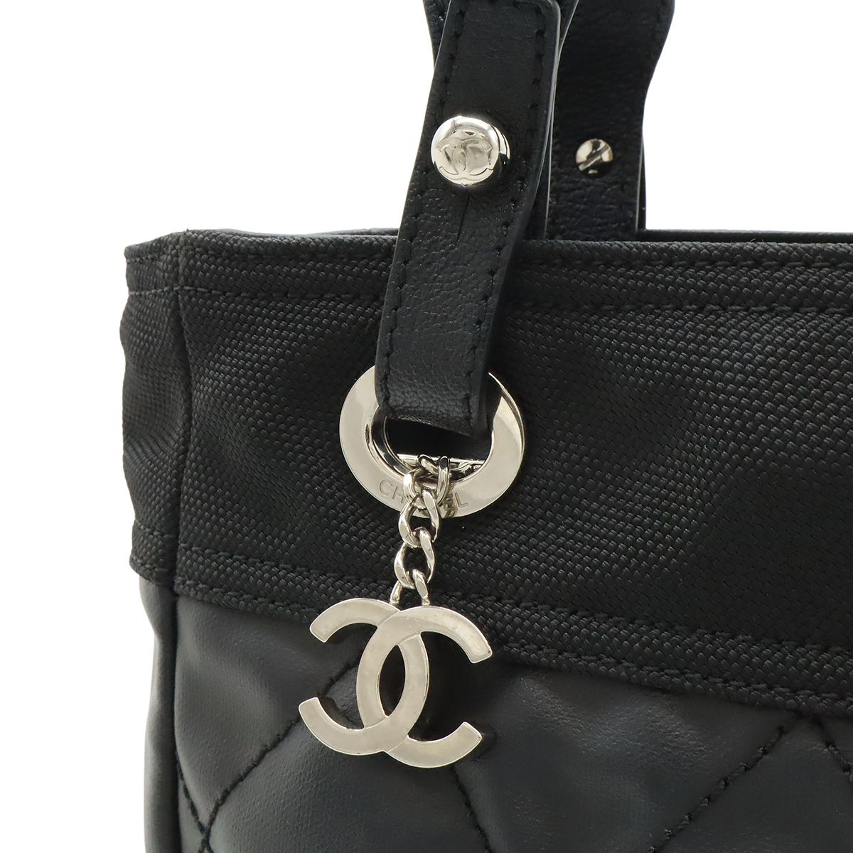 Chanel Paris Biarritz Tote PM Shoulder Bag Leather Black Silver — view 8
