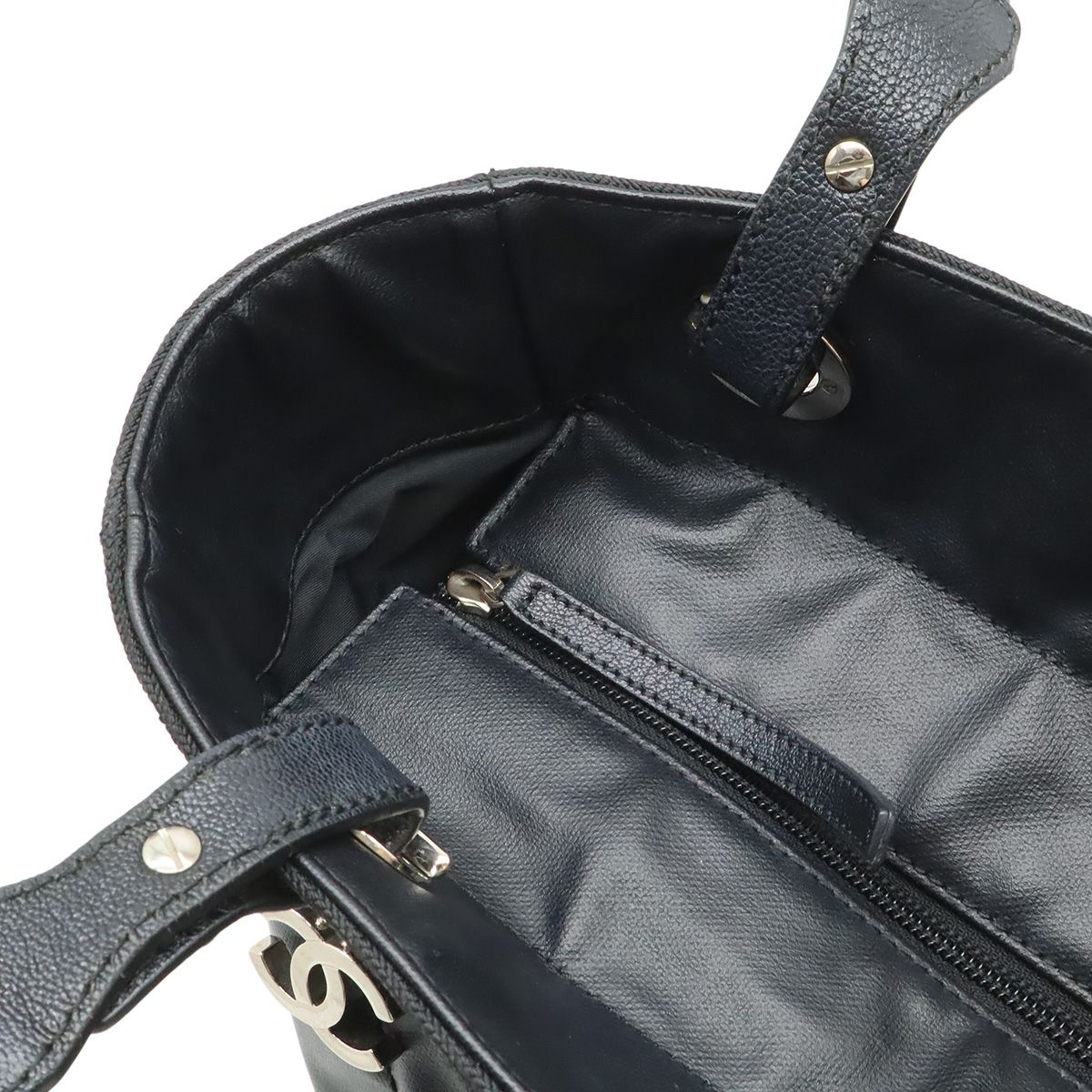 Chanel Paris Biarritz Tote PM Shoulder Bag Leather Black Silver — view 5