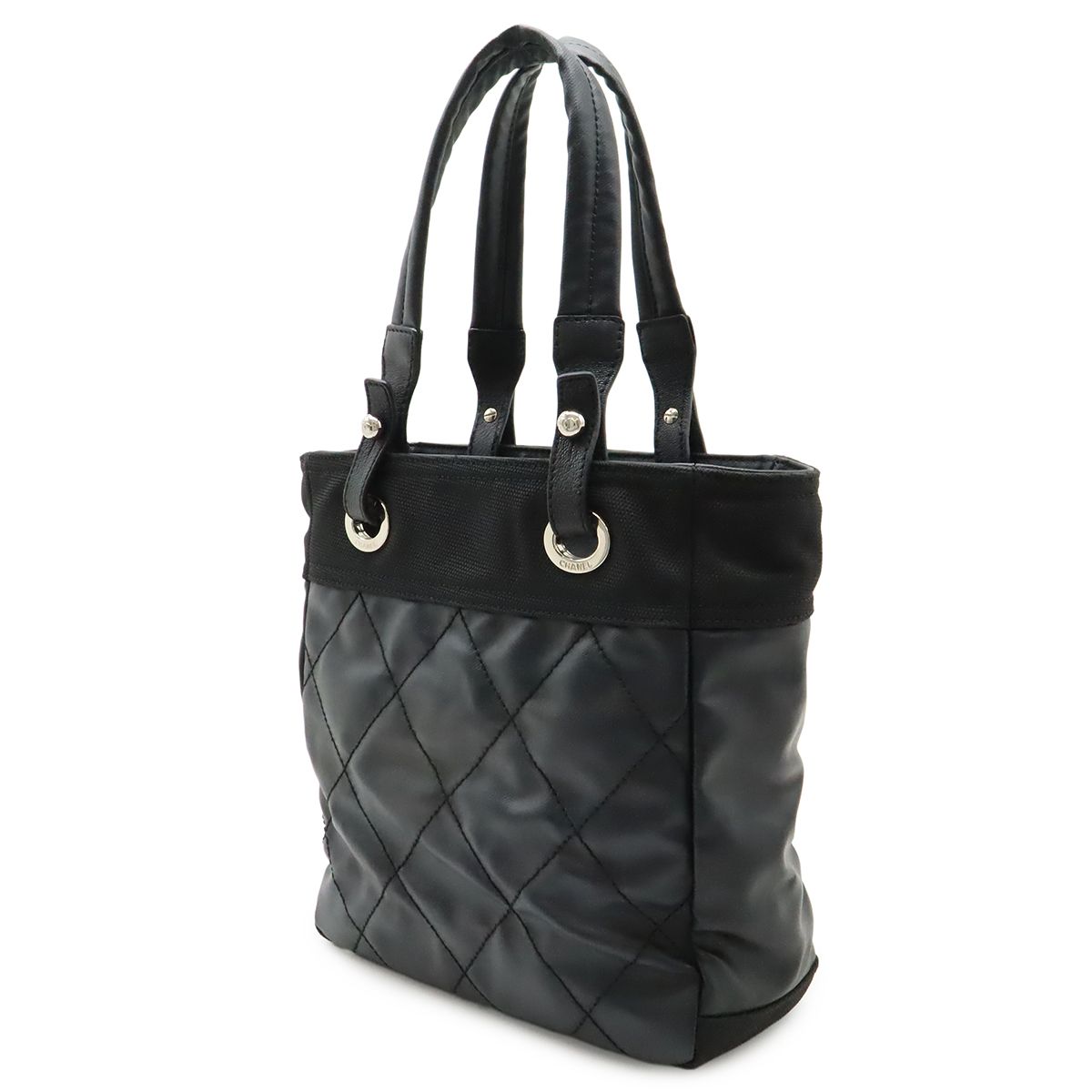 Chanel Paris Biarritz Tote PM Shoulder Bag Leather Black Silver — view 2