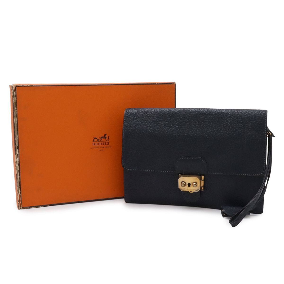 Hermes Pochette Jet Clutch Business Fjord Leather Navy Gold — view 9