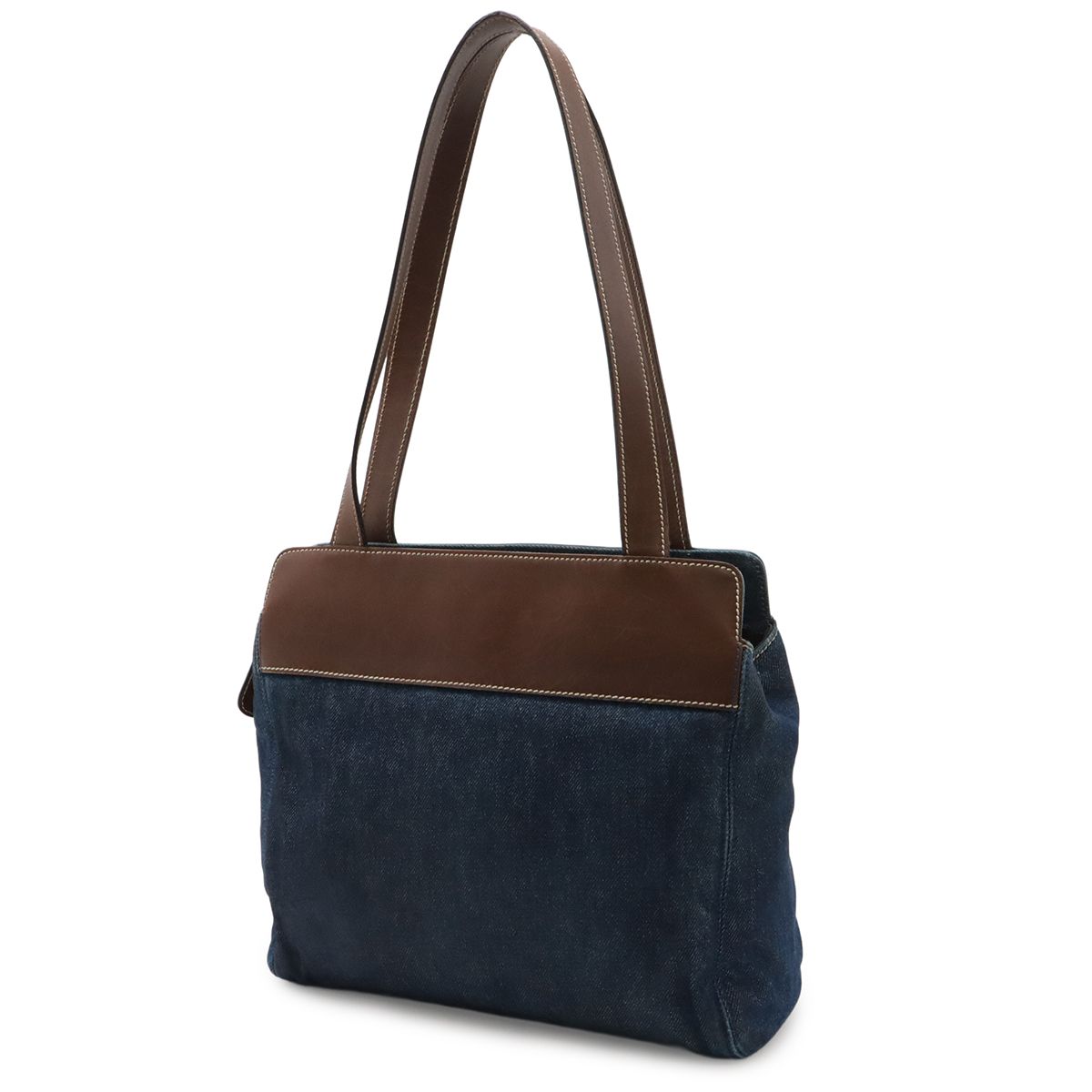 Chanel CC Logo Tote Shoulder Bag Denim Leather Blue Dark Brown — view 2