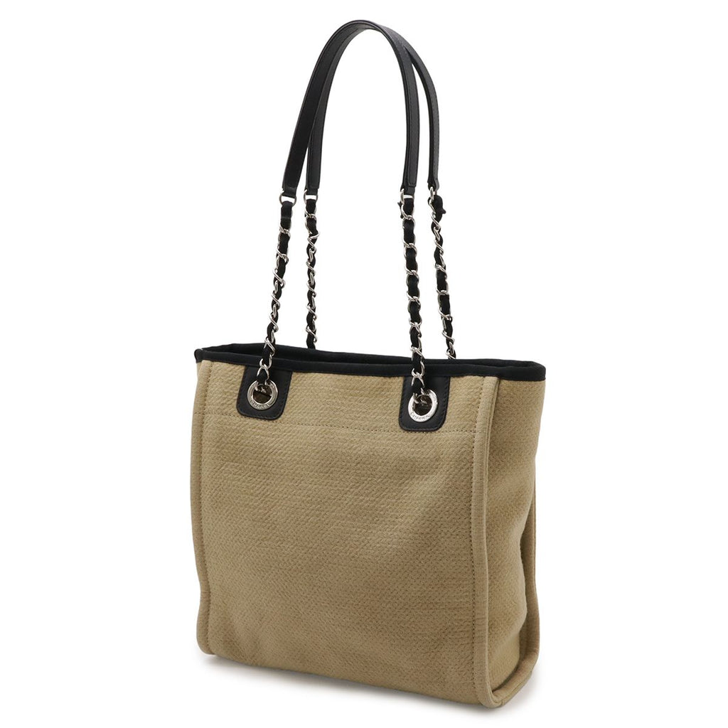Chanel Deauville Tote PM Shoulder Bag Chain Canvas Leather Beige Silver — view 2