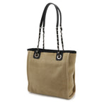 Chanel Deauville Tote PM Shoulder Bag Chain Canvas Leather Beige Silver — view 2
