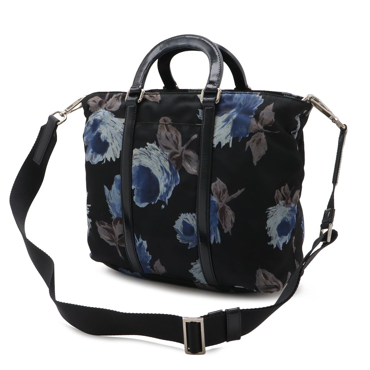 Prada Flower Floral Pattern Rose Tote 2-Way Shoulder Bag Nylon Nero Black Blue — view 2