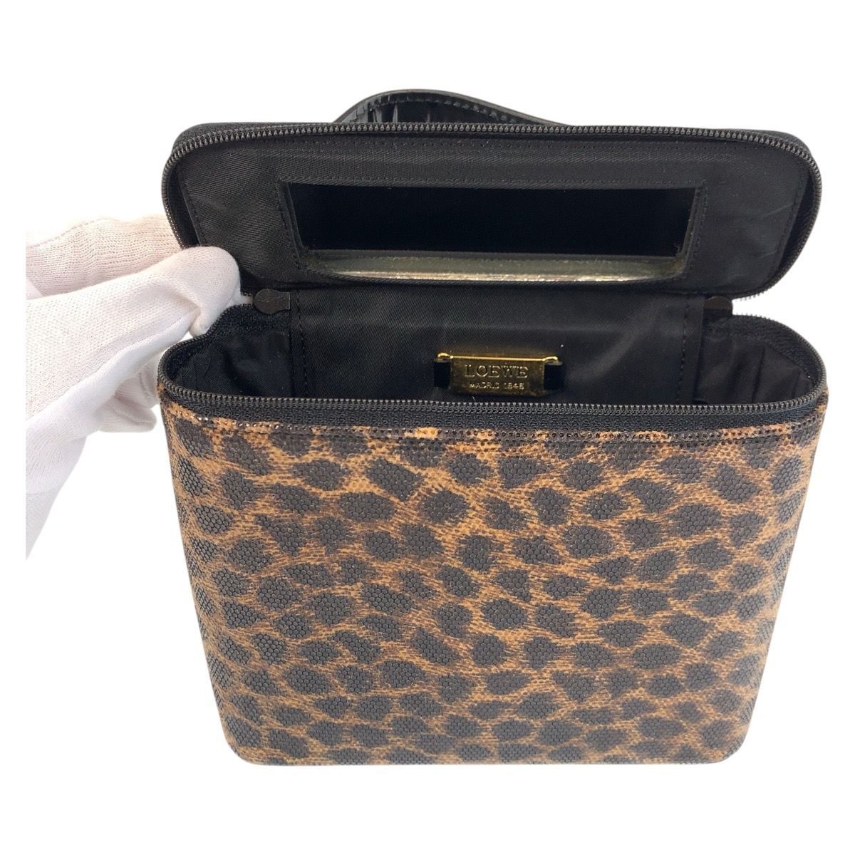 Loewe Vintage Leopard Brown Black Enamel Handbag Vanity Bag — view 7