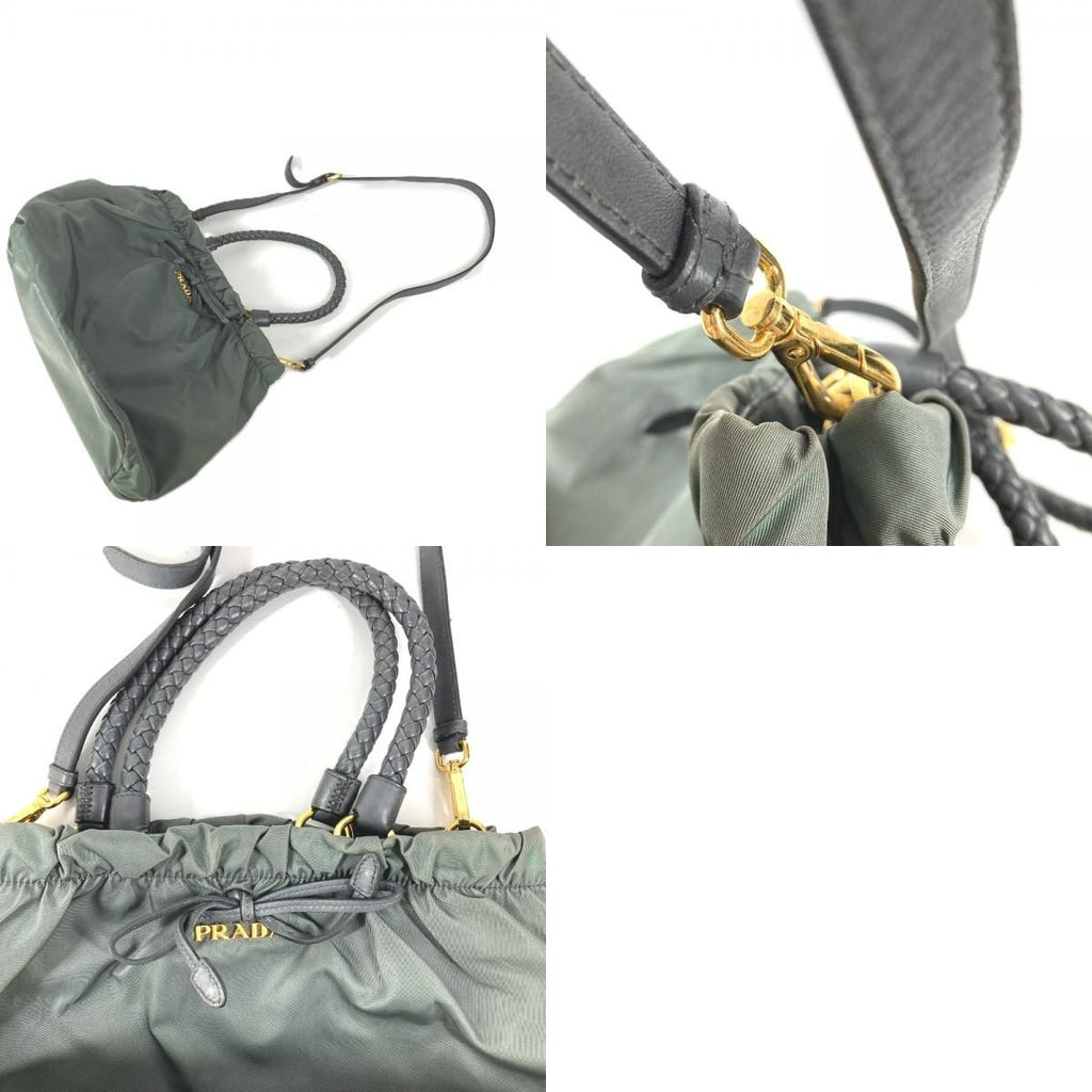 Prada Shoulder Bag Triangle Logo Leather Nylon Gray — view 9