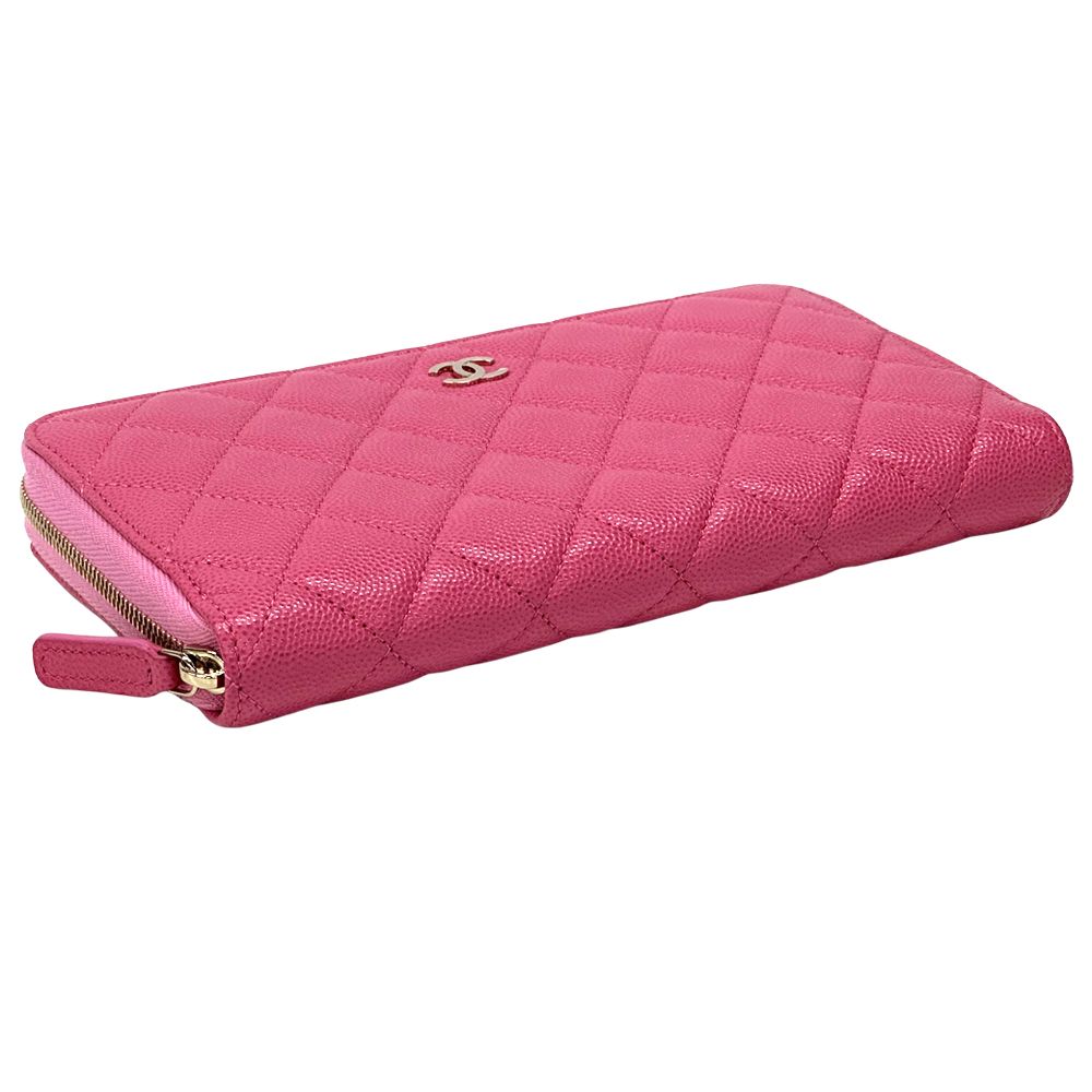 Chanel Wallet Quilted Caviar Leather Pink Gold Zip Around — view 3