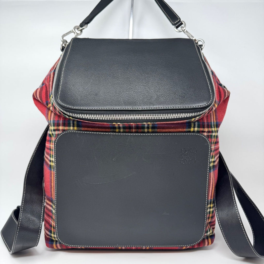 Loewe Backpack Goya Tartan Check Canvas Leather Black Red