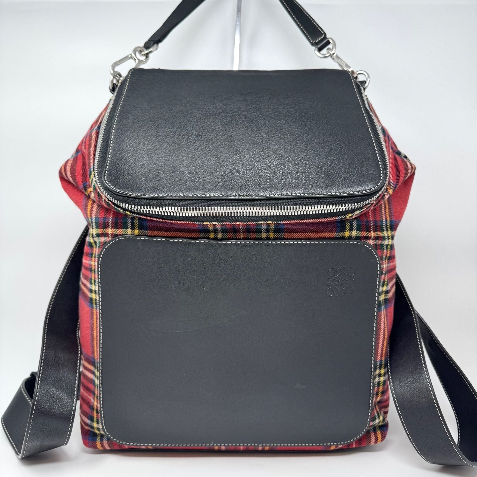 Loewe Backpack Goya Tartan Check Canvas Leather Black Red