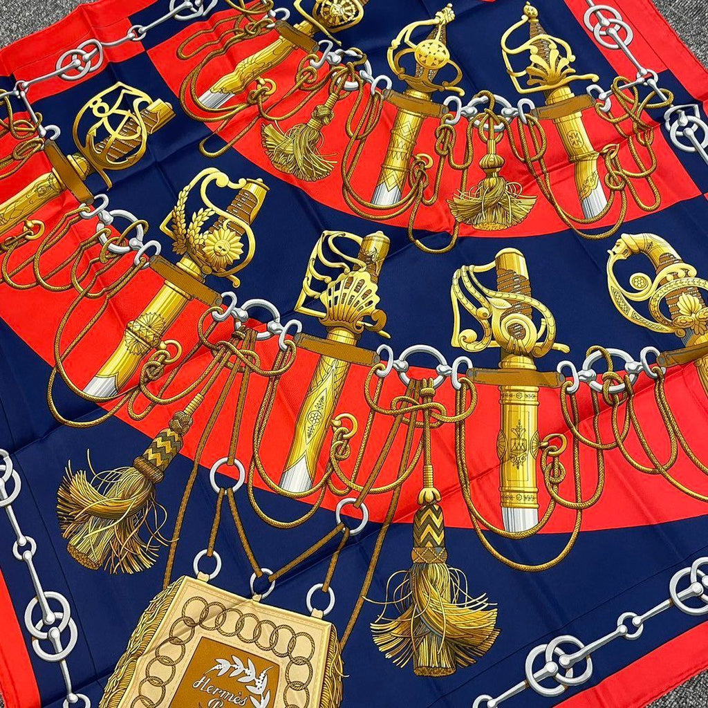 Hermes Scarf Carre 90 Cliquetis Ticking Sword Pattern Navy Red Gold Silk — view 2