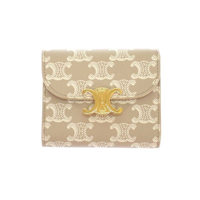 Celine Small Flap Wallet Trifold Polyurethane Beige Gold Triomphe — view 2