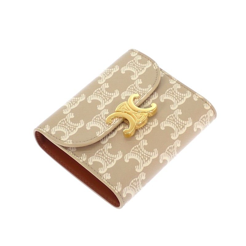 Celine Small Flap Wallet Trifold Polyurethane Beige Gold Triomphe — view 4