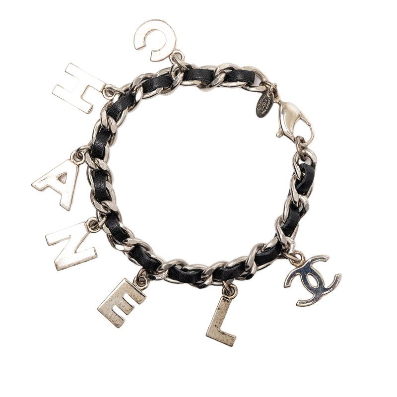 Chanel CC Logo Bracelet Silver Black Metal Leather — view 2