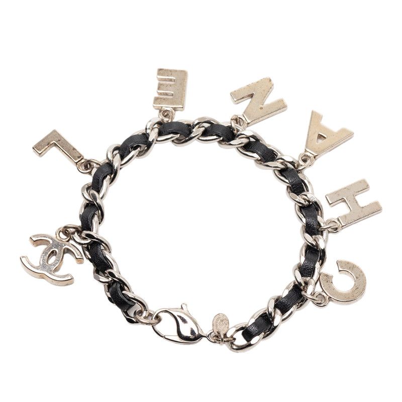 Chanel CC Logo Bracelet Silver Black Metal Leather — view 3