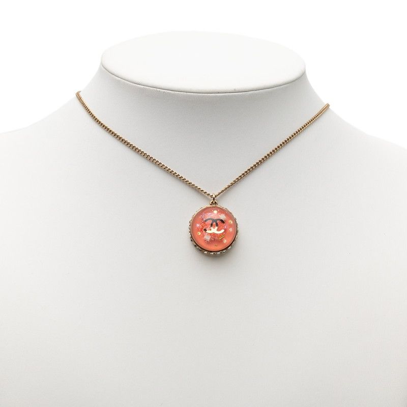 Chanel CC Logo Dome Necklace Gold Pink Plated Rhinestone — view 6
