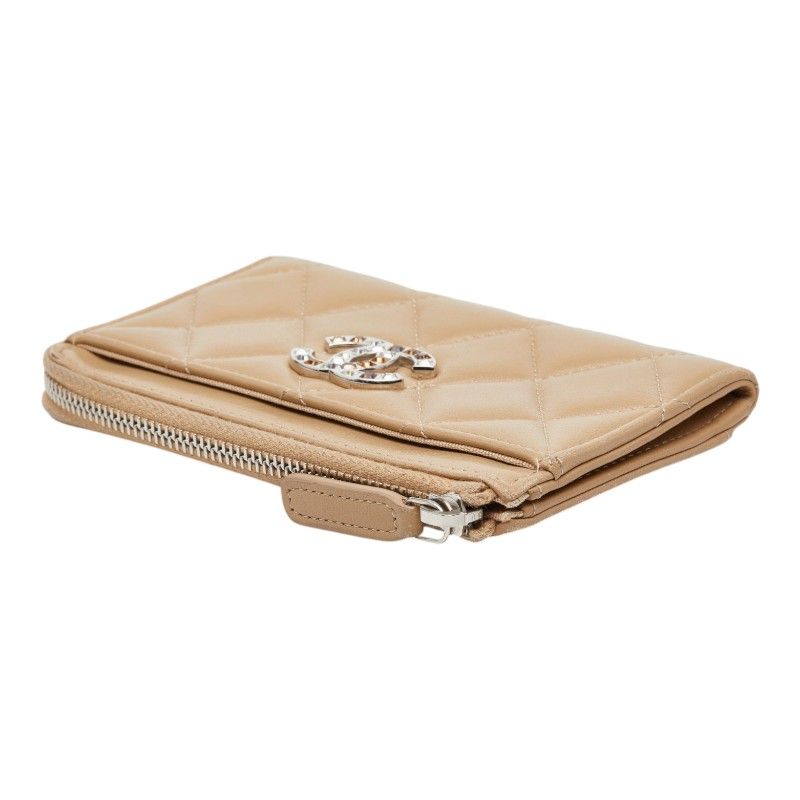 Chanel Quilted CC Logo Coin Case Card Fragment Beige Lambskin Rhinestone — view 5
