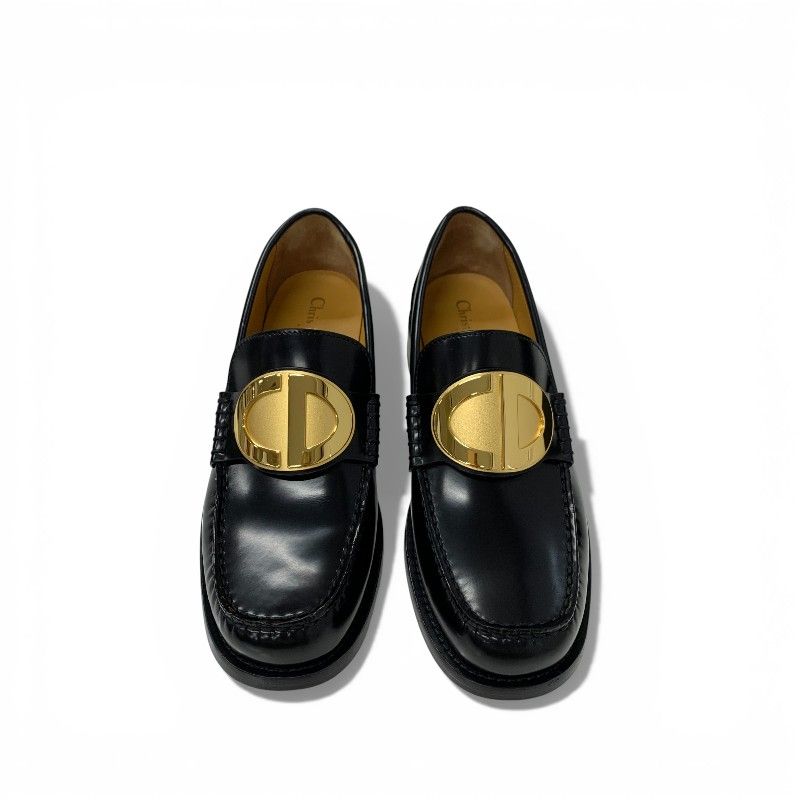 Dior Forever Loafers Leather Black Gold CD Logo Plate Flat Shoes — view 2