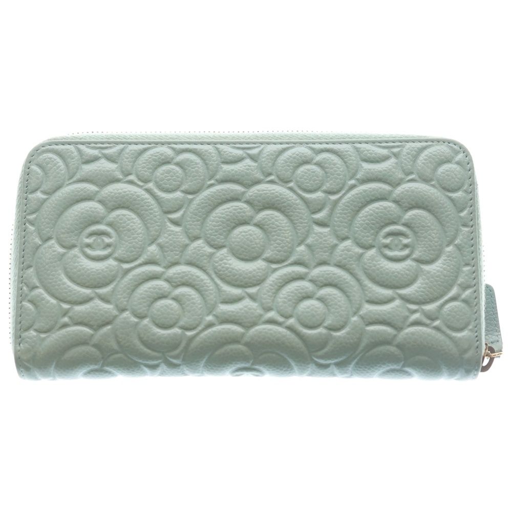 Chanel Camellia Zip Around Wallet Card Case Light Blue Caviar Leather Gold — view 2