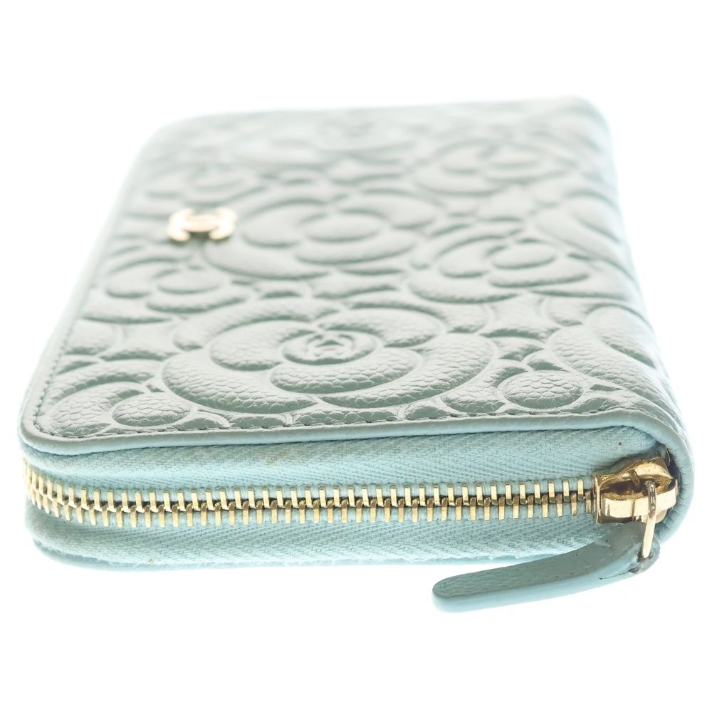 Chanel Camellia Zip Around Wallet Card Case Light Blue Caviar Leather Gold — view 3