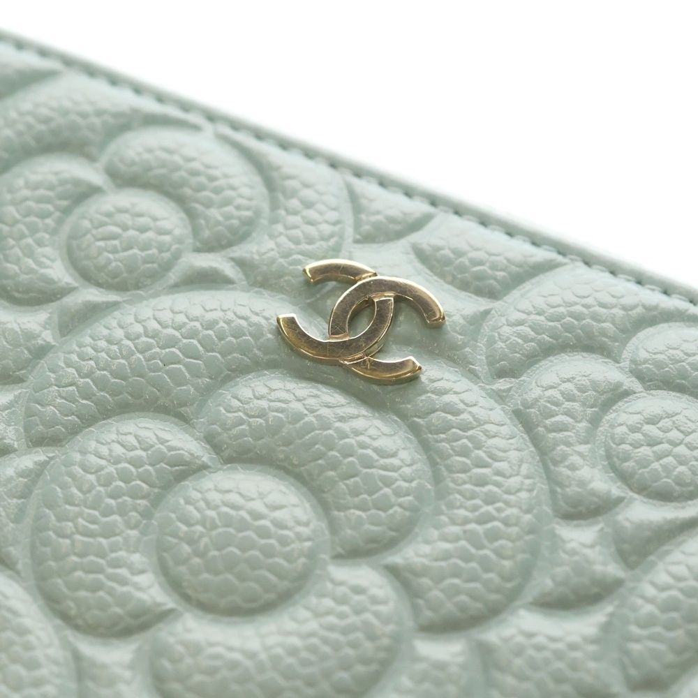 Chanel Camellia Zip Around Wallet Card Case Light Blue Caviar Leather Gold — view 5