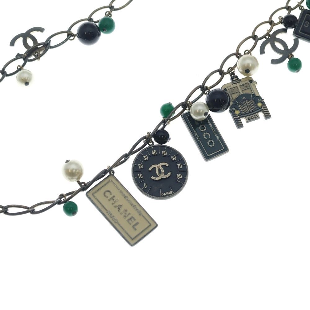 Chanel CC Logo Tag Necklace Pendant Chain Black Cream Green Gold — view 2