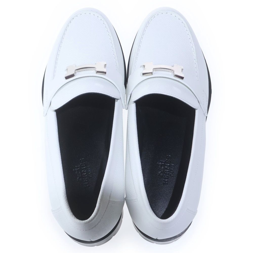 Hermes Faubourg H Logo Plate Leather Low Cut Shoes Loafers White — view 4