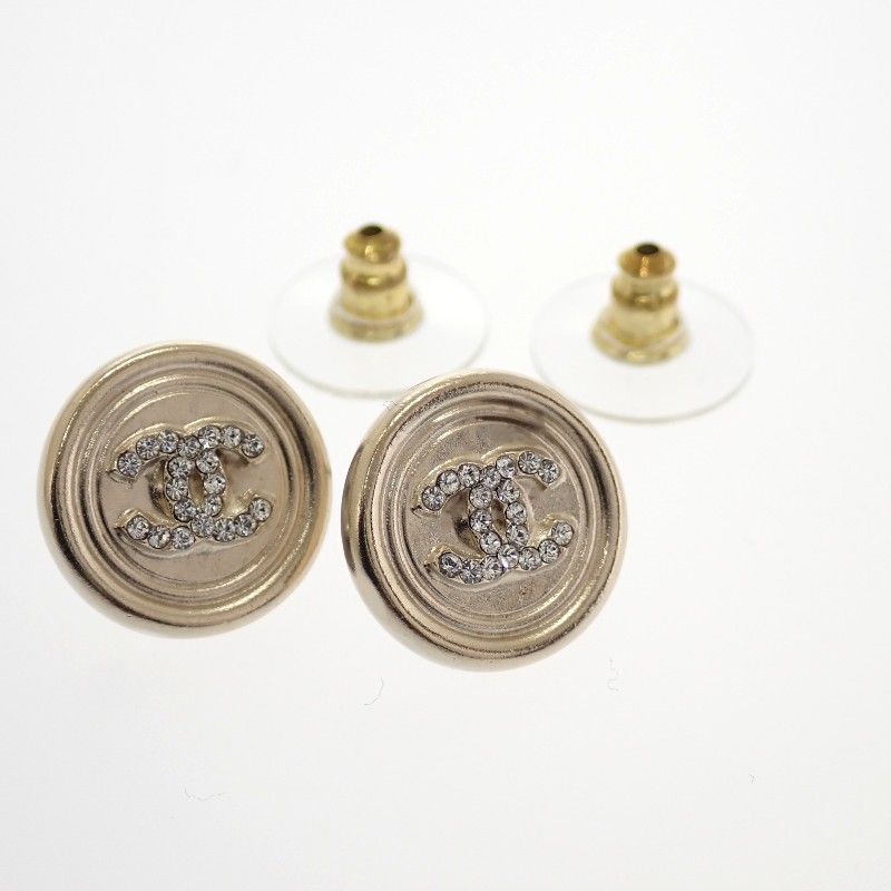 Chanel CC Logo Circle Earrings Metal Crystal Gold