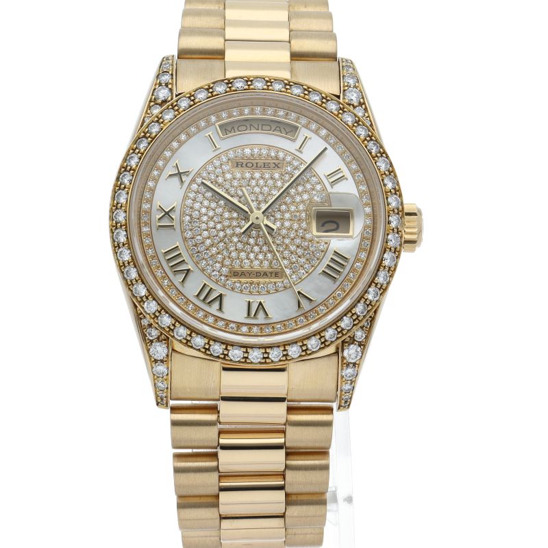 Rolex Day Date Watch Diamond Bezel Shell Pave Dial Box 18k Yellow Gold — view 2