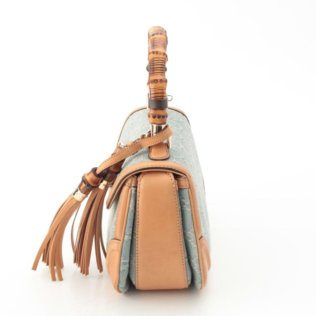 Gucci GG Denim Bamboo Turnlock a Shoulder Bag Ice Blue Beige — view 3
