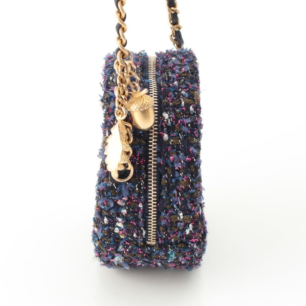 Chanel Quilted Tweed CC Logo Round Chain Shoulder Bag Gold Purple — view 3