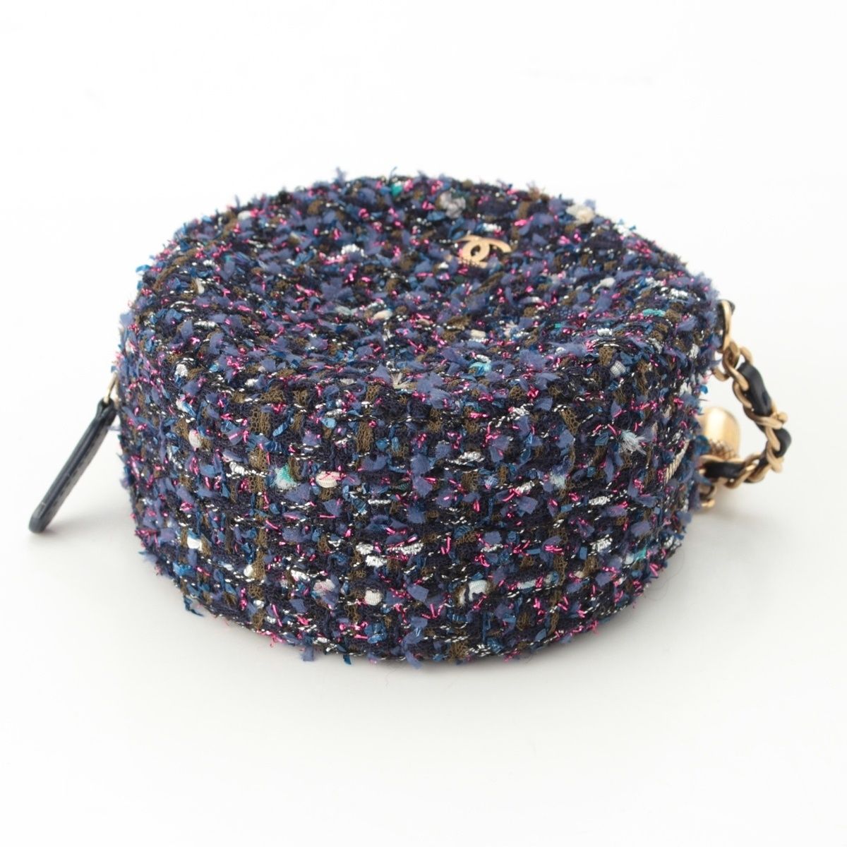 Chanel Quilted Tweed CC Logo Round Chain Shoulder Bag Gold Purple — view 5