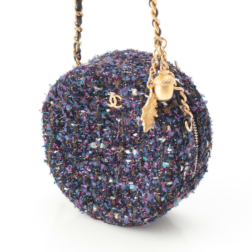 Chanel Quilted Tweed CC Logo Round Chain Shoulder Bag Gold Purple — view 2