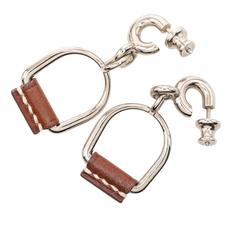 Hermes Elitage Equestre Etrier PM Earrings Silver Brown Metal Leather — view 2
